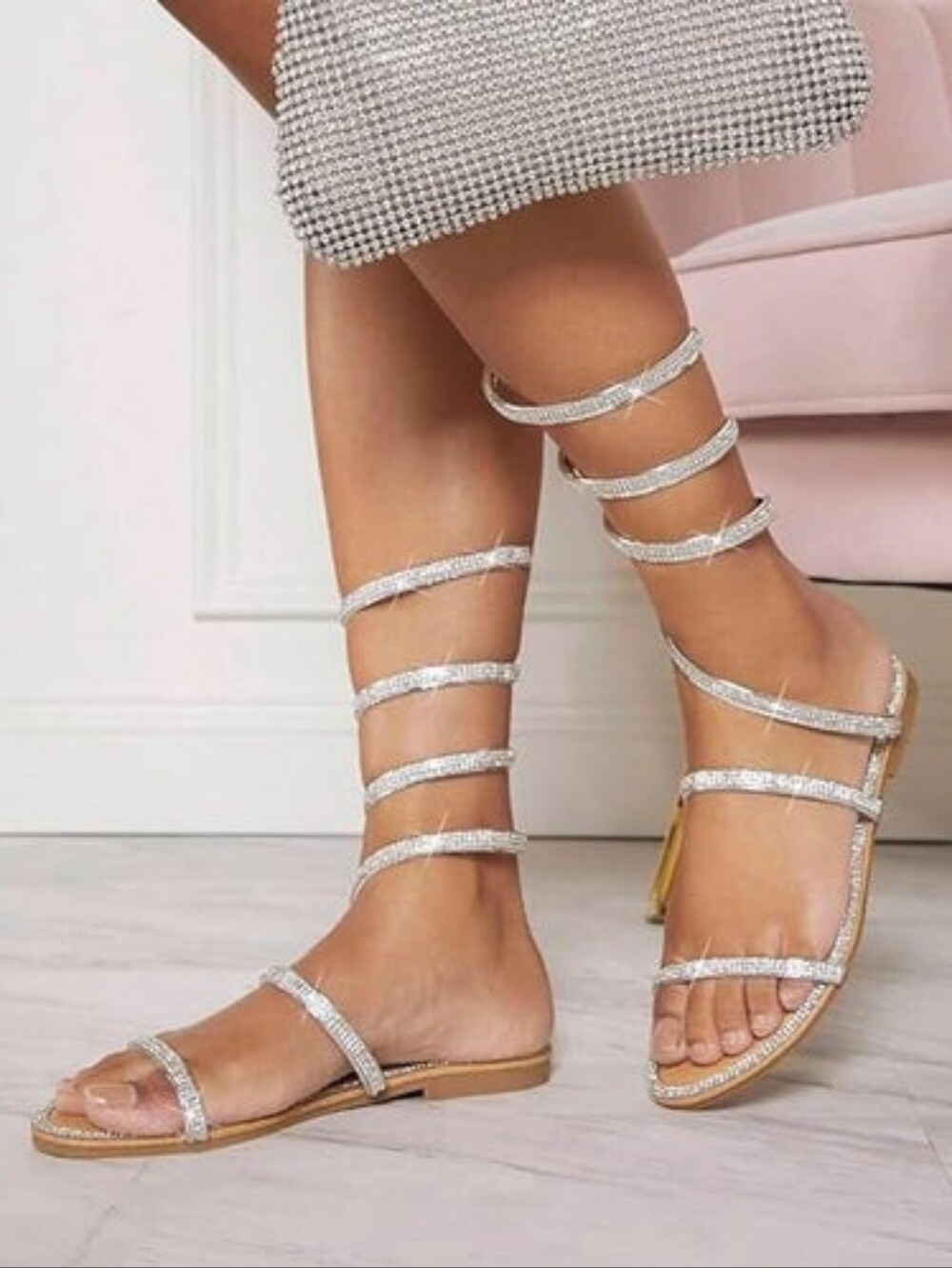Fashion Nova Silver Rhinestone Wrap Gladiator Sandals